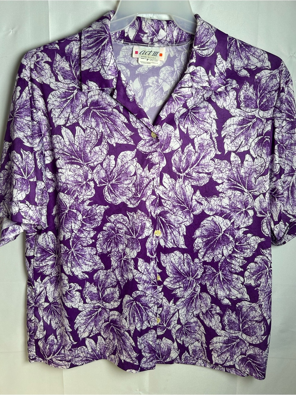 Purple and white leaf  vintage Act III print button-up shirt blouse L